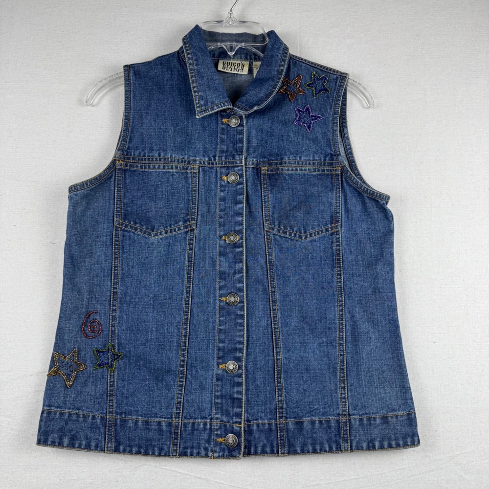 Chicos Design Denim Vest Medium Wash Beaded Star Embroidery Blue Cotton Size 0